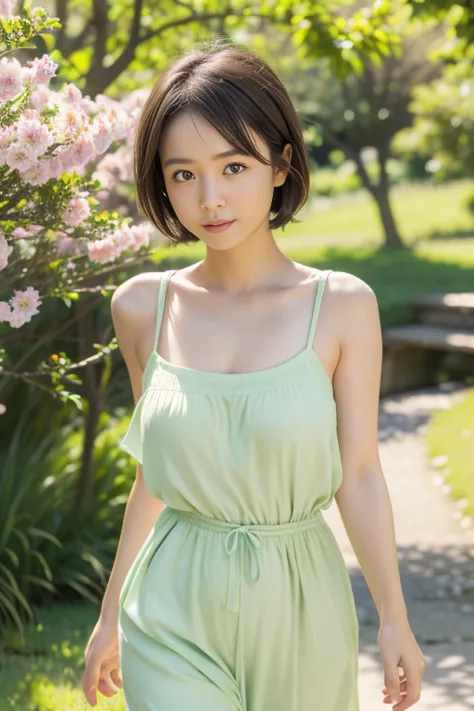 (8k, RAW photo, photorealistic, HQ, masterpiece, Brightly exposed photo), a cute Japanese woman, (glowing eyes), 
(Serious expression), dark brown hair, Pixie Bob hair, (Casual spring outfit),  Walking pose, (in A vast fresh green parks, flower fields, str...