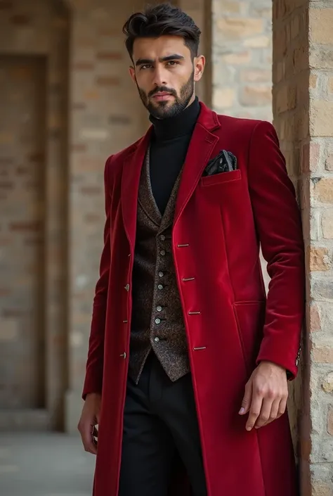 arafed man in a red jacket standing in front of a wall, cool red jacket, mid shot portrait, red jacket, wearing red jacket, black and red jacket, wearing red attire, full body black and red longcoat, khyzyl saleem, ornate dark red opulent clothing, full bo...