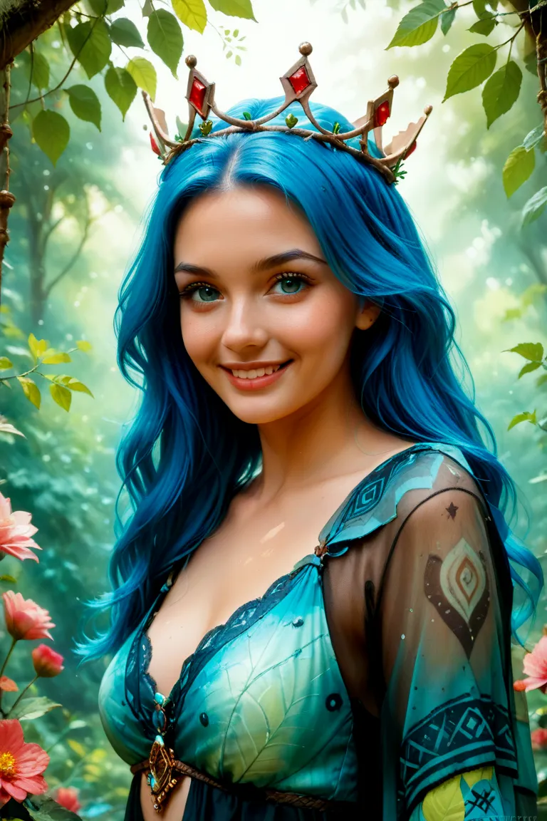 Digital painting of a young woman with long, flowing blue hair and fair skin, wearing a delicate, Thorn crown. She has large, expressive eyes and a gentle smile. The background is a Dark dreamy blend of greens and blues, with abstract shapes that resemble ...