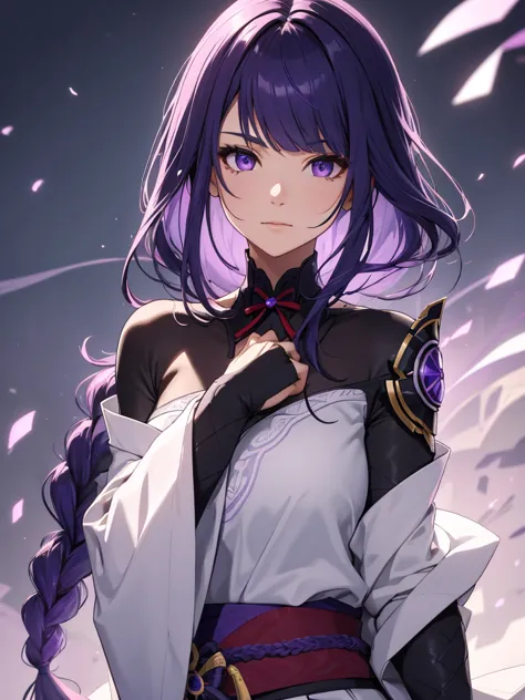 1woman, wearing white shirt and black skirt, step outside from the home, dark purple colour hair, "raiden shogun hair style, 8k, high detailed, high quality, high accuracy 