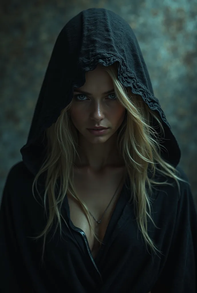  Blonde woman , hooded and sinister with a dark background