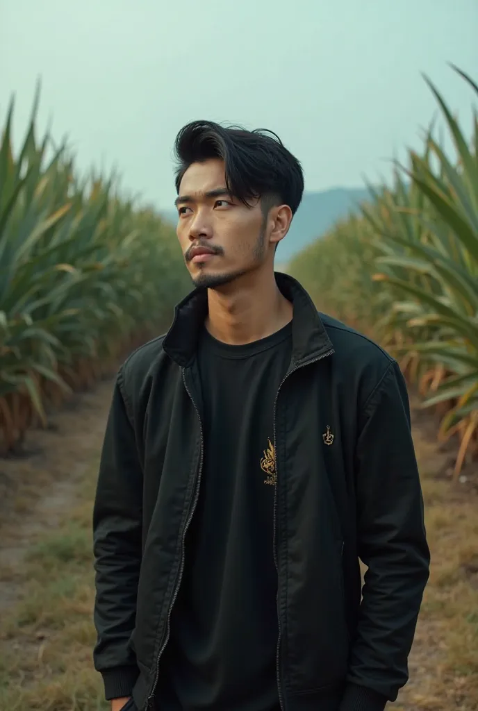 *"A cinematic, ultra-realistic outdoor portrait of a young man standing in a dragon fruit farm during daytime. He has a sharp jawline, well-defined facial structure, medium-length black hair neatly styled with a side part, and a trimmed beard. His skin ton...