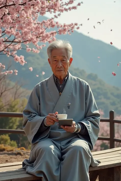 "A 67-year-old Korean man sitting on a wooden bench in a tranquil mountain village, wearing a modern yet minimalist outfit with a cybernetic enhancement subtly visible on his neck. He holds a cup of traditional Korean tea in his natural hand, while his rob...