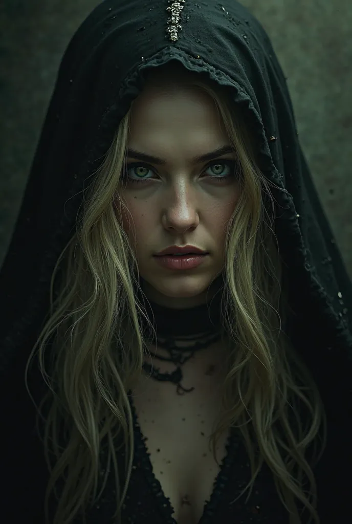  Blonde woman , hooded, green and sinister eyes with a dark background