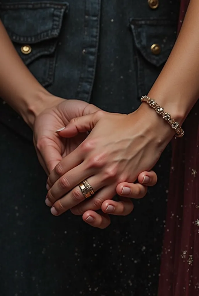 
A close up of a couple's clasped hands.
 style : More comfortable, with an air of exclusivity.
COLORS :  Dark tones like black , navy blue or burgundy with gold or silver details.