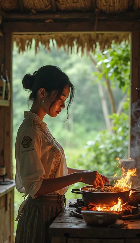 Beautiful Asian woman wearing kebaya cooking on a wooden stove in a simple hut near the forest, very realistic image