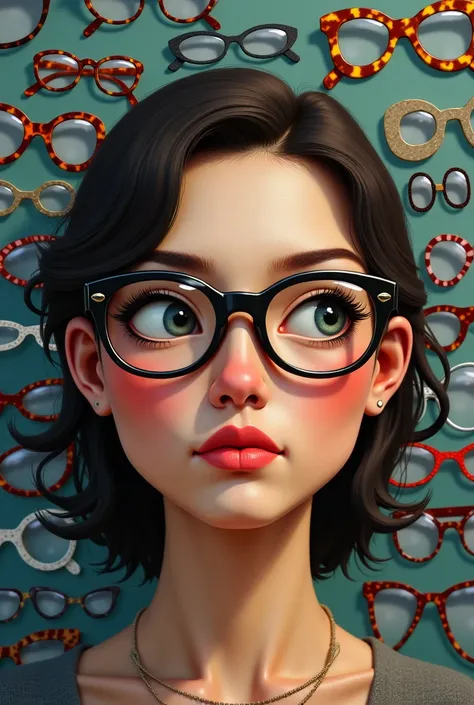 Woman wearing glasses and having a lot of glasses on the background