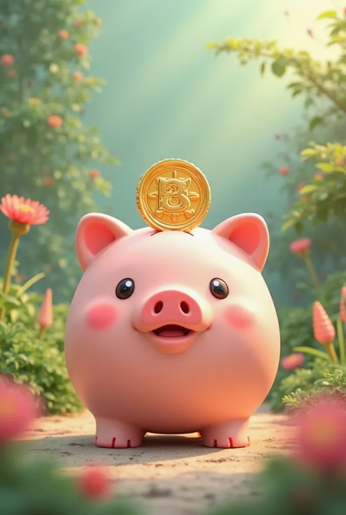 Generate a cutte piggy bank and a coin with Philippine peso going inside it, make it pink. Then add piggy Pockets and financial aiders. Make the bg like a cute garden