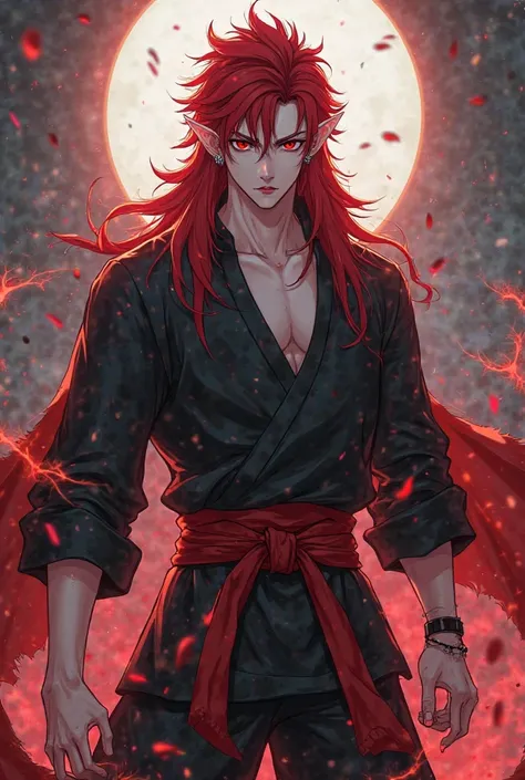 anime male, long spiky red crimson hair, red eyes. pale skin, long elf ears, , muscular, tall black shirt, black gi pants, red belt, casting magic outside striking face, lip gloss,