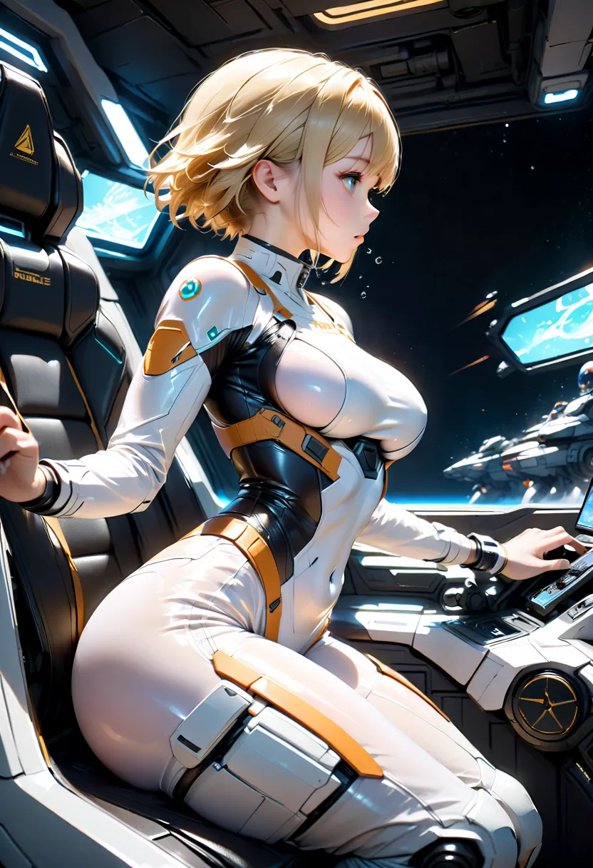 (Space Suit:1.15),  white cargo pants,   SPACE HELMET , , indoors, masterpiece, Highest quality, 1人of女of子, Alone,  short hair, , , is shaking, Difficulty breathing,, , bodysuits,  from side, Lumine ,  bubble helmet ,  short hair,  internal ( cockpit) of (F...