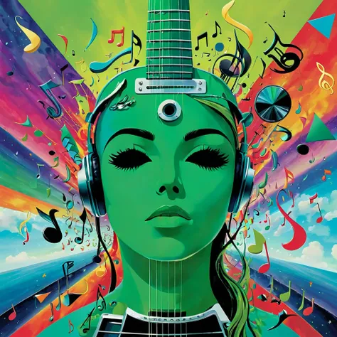 Written sentence " Just an Experience" This image depicts an abstract music album cover. Predominance green . To the bottom, The face is blocked ,  Look up at the sky . more than,  Guitars and other instruments float in color , vibrant background(((" Just ...