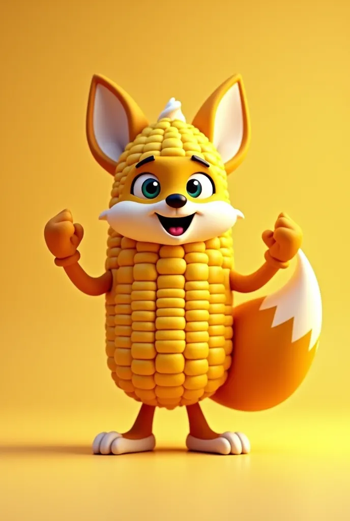 A corn character animated in a vibrant and friendly 3D style. Corn has a cartoonish appearance with a body of yellow corn kernels in the costume of a fox . His expression is confident and heroic, with a dynamic pose that transmits courage and adventure. Th...