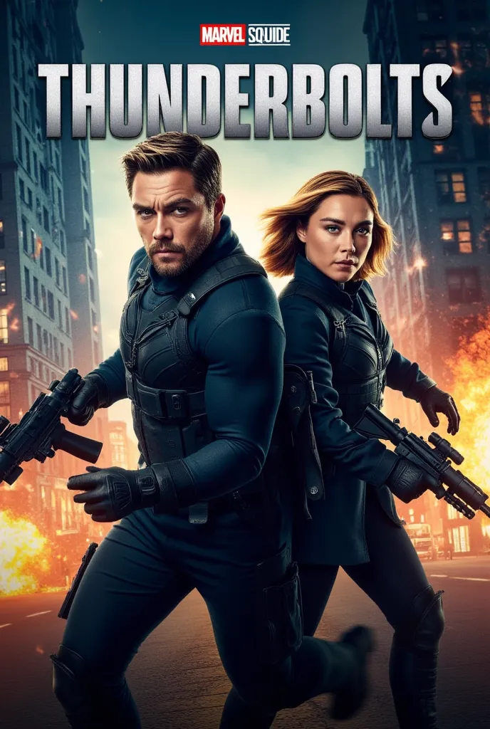 Create a "Thunderbolts" movie poster in 4K resolution. Feature Sebastian Stan as Bucky Barnes and Florence Pugh as Black Widow in realistic tactical gear, mid-action against a gritty urban backdrop with explosions. The title "Thunderbolts" is in bold, meta...