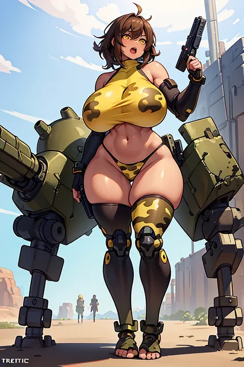 angry scream, Open mouth, young woman, Pullover, whole body to see, pixie  hair, huge breast, ((fullbody)), (((teep toe feet))),  freckled face, ((brown skin)), tanned,  bikini,  , topless, ((yellow camouflage)), standing, holding gun, shooting gun, ((wide...