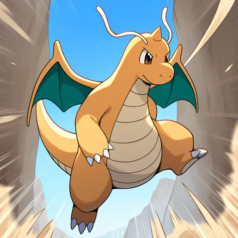 masterpiece, best quality, Dragonite, without humans, Alone, basic, wind,  sky, blue  sky, claws, lines of motion, dynamic pose   