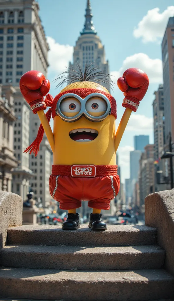 Minion Rocky Balboa (Rocky: A Fighter)
➡️ A Minion with red boxing gloves, sports shorts and headband, climbing a staircase with a winner's pose.