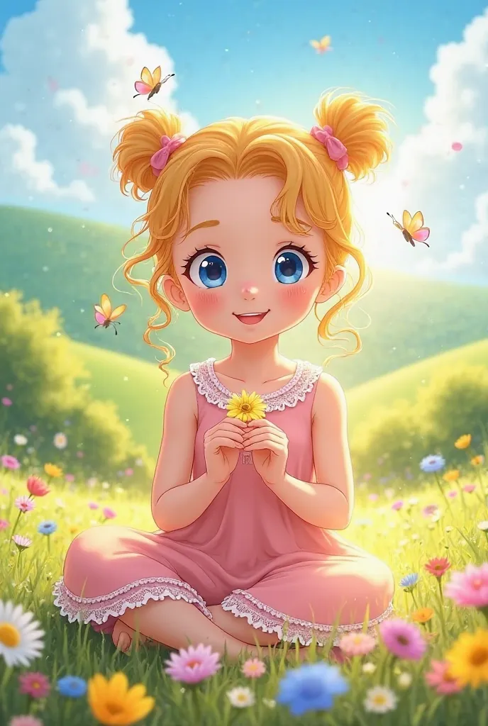 Prompt:

"A cheerful and innocent young girl, Lily Carter, sits in a sunlit meadow filled with colorful wildflowers. She is around , with curly golden-blonde hair tied into two small ponytails and bright blue eyes full of wonder. She wears a simple yet ado...