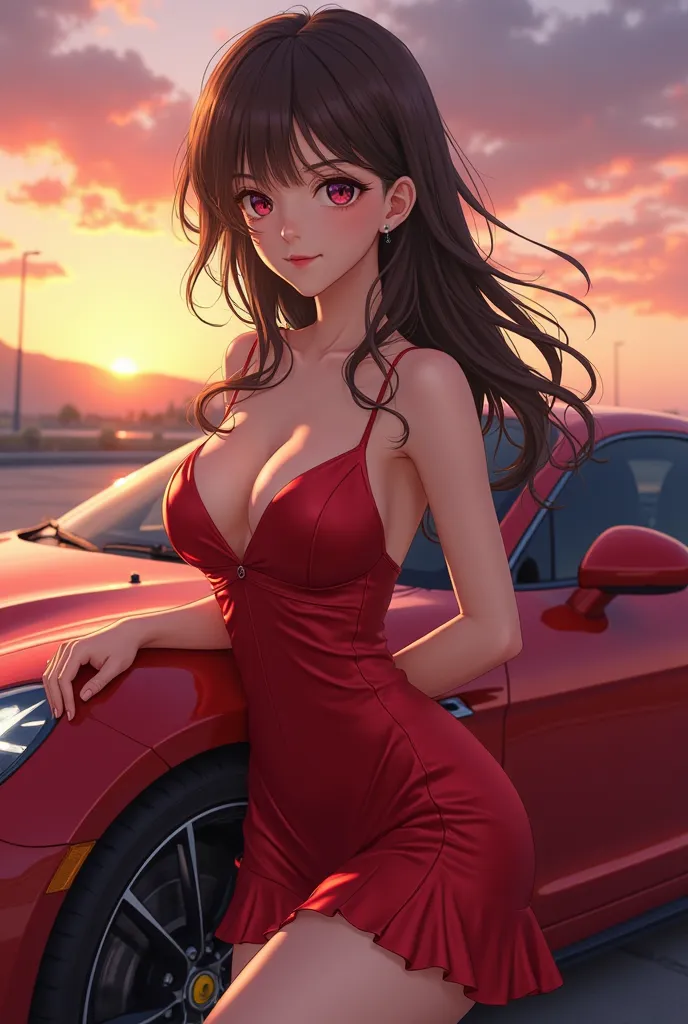 a anime girl wearing a red dress with a cleavage leaning on a red car with sunset background