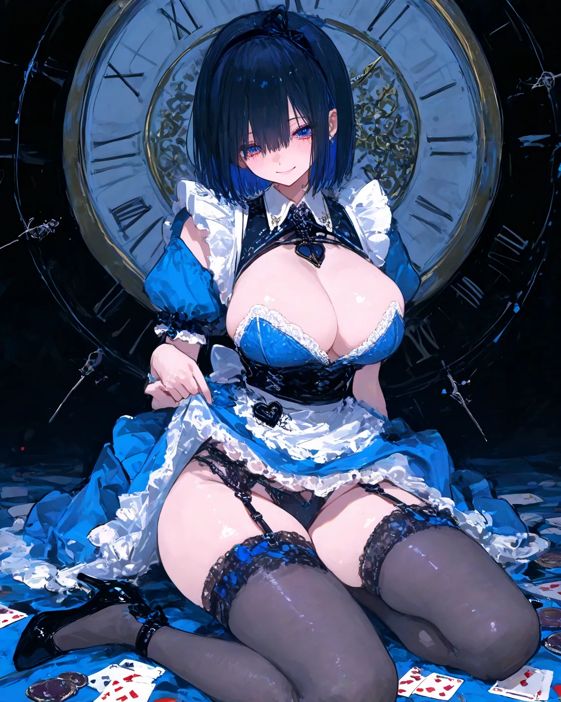  8k Wallpaper、       Highest quality       、masterpiece、        748cm style       、        woman 1 person    、  Alice in Wonderland costume 、  dress、 Accessory、 high heels、  Open Chest Outfits 、   black hair、    short hair、 blue eyes、    wide hips      、  ...