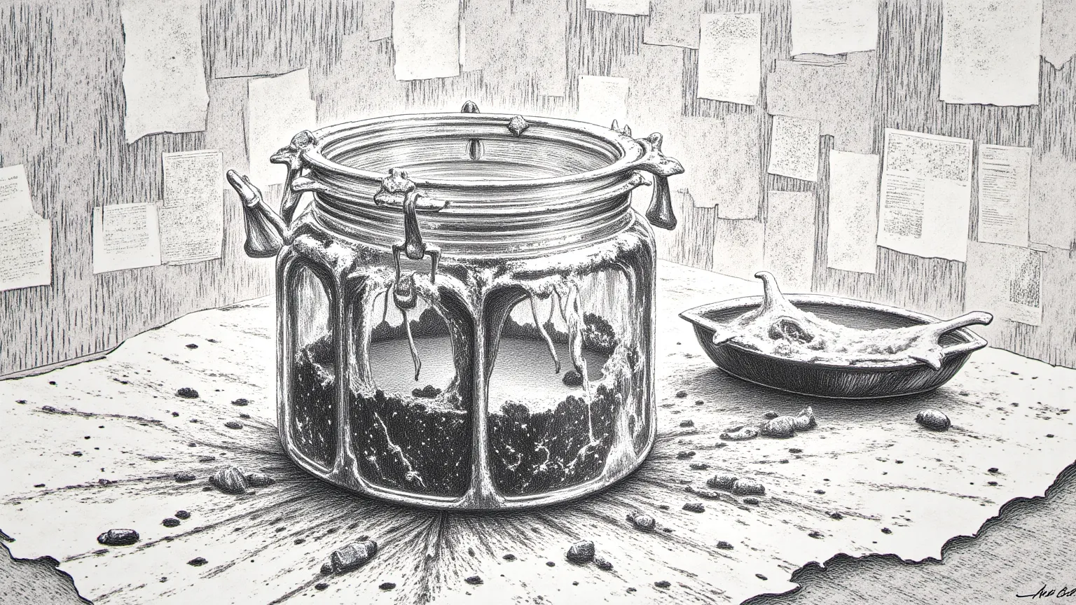 An old makeup jar,  apparently harmless , but with a dangerous liquid inside. The illustration has a scrawled style, with newspaper clippings in the background.