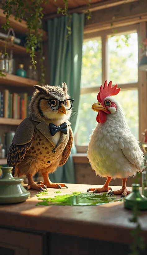 Draw a realistic picture of an owl wearing a typical professor's outfit in a treehouse lab. Then a MATURE MUSCLE WHITE CHICKEN wearing Dressed like a professor looking at a green liquid spill.