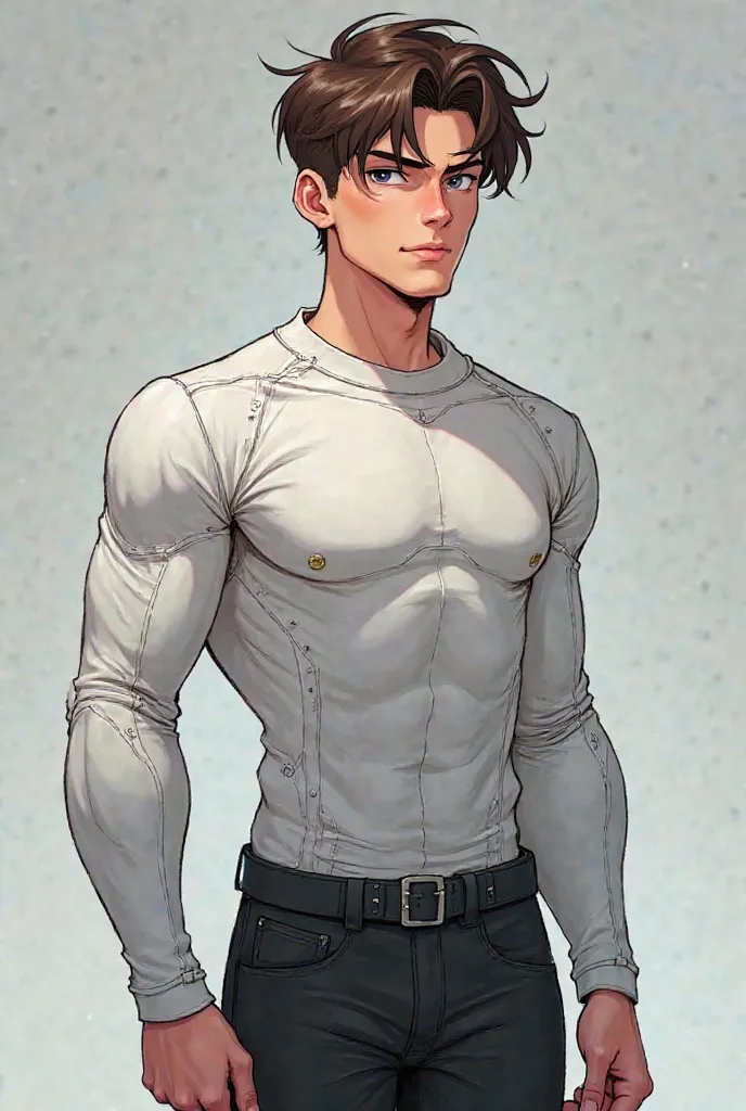 animated
* ,
* male,
* height: 5'3
* weight: 55kg
* hair color: brunette 
* Hairstyle: undercut wavy hair,

* sexuality: gay
 
* outfit: A long white sleeve futuristic sci-fi shirt with black pants.

DC animation style 