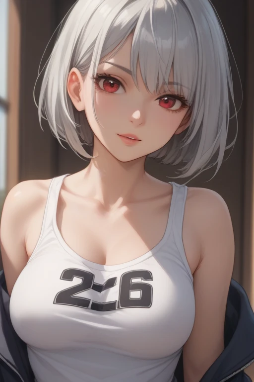 is tall、 Silver Hair、short bob hairstyle、woman、The hood is being removed、I'm wearing a jersey and hot pants、A Japanese human woman with red eyes in a beautiful Japanese anime style 、Green Eyes、I'm about to go out、Illustration of waist circumference or more