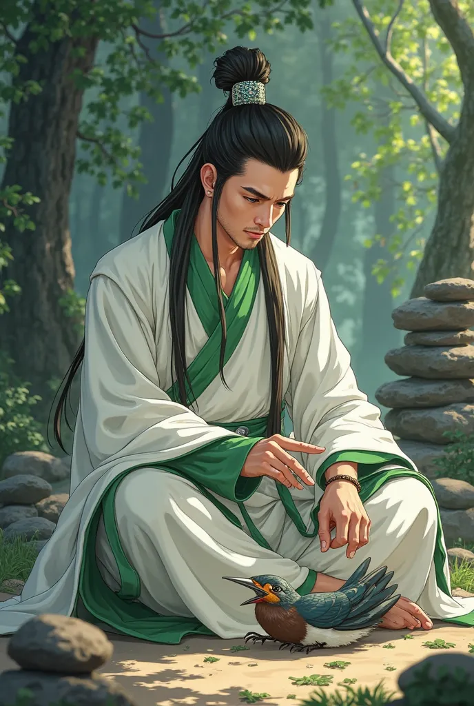 In the anime style, Create an ultra detailed adult male cultivator wearing white traditional chinese clothing with green accents, who is caring for a injured bird which is flipped over with a wing sticking out, while on his knees, in the middle of a forest...