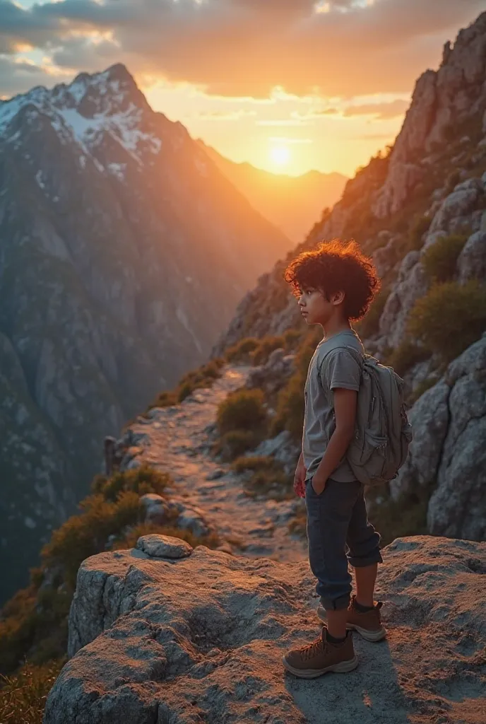 Create a visually inspiring image that depicts a determined young person standing at the edge of a rocky mountain cliff at sunrise. The character, wearing simple but sturdy clothes, has a look of confidence and determination on their face. Behind them, a w...