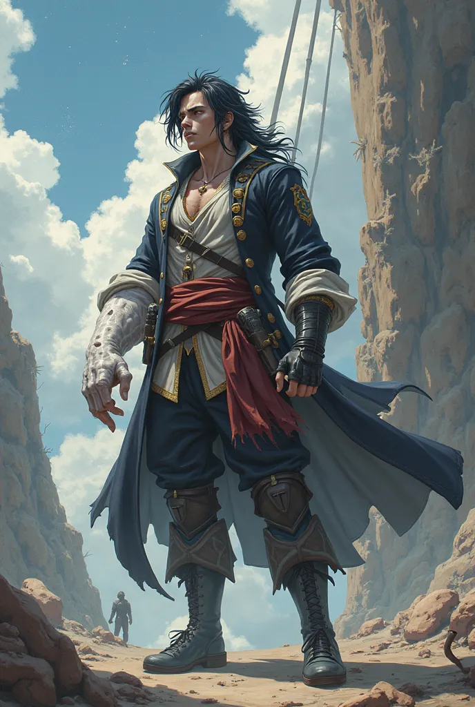 male Character with one side of his hair black and the other part white, a yellow eye that has the cosmos in it , with a pirate costume, with an enormous white and deformed arm that doesnt has hand. He is in the middle of a destroyed ship with no one aroun...