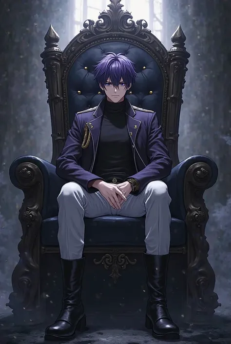 Generate me an anime picture with an anime character with dark violet hair in turtle neck military jacket with white pants and dark boots. He is sitting in the ominous-looking throne. 