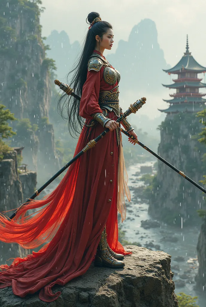 Close up,Front view of the black mythical film character Wukong, a young women and beautifull knight,ideal body,ideal big breast,elegant black long hair Bun, wearing a colossal and epic Chinese battle slim fit armor, a combination of red,gold and white, an...