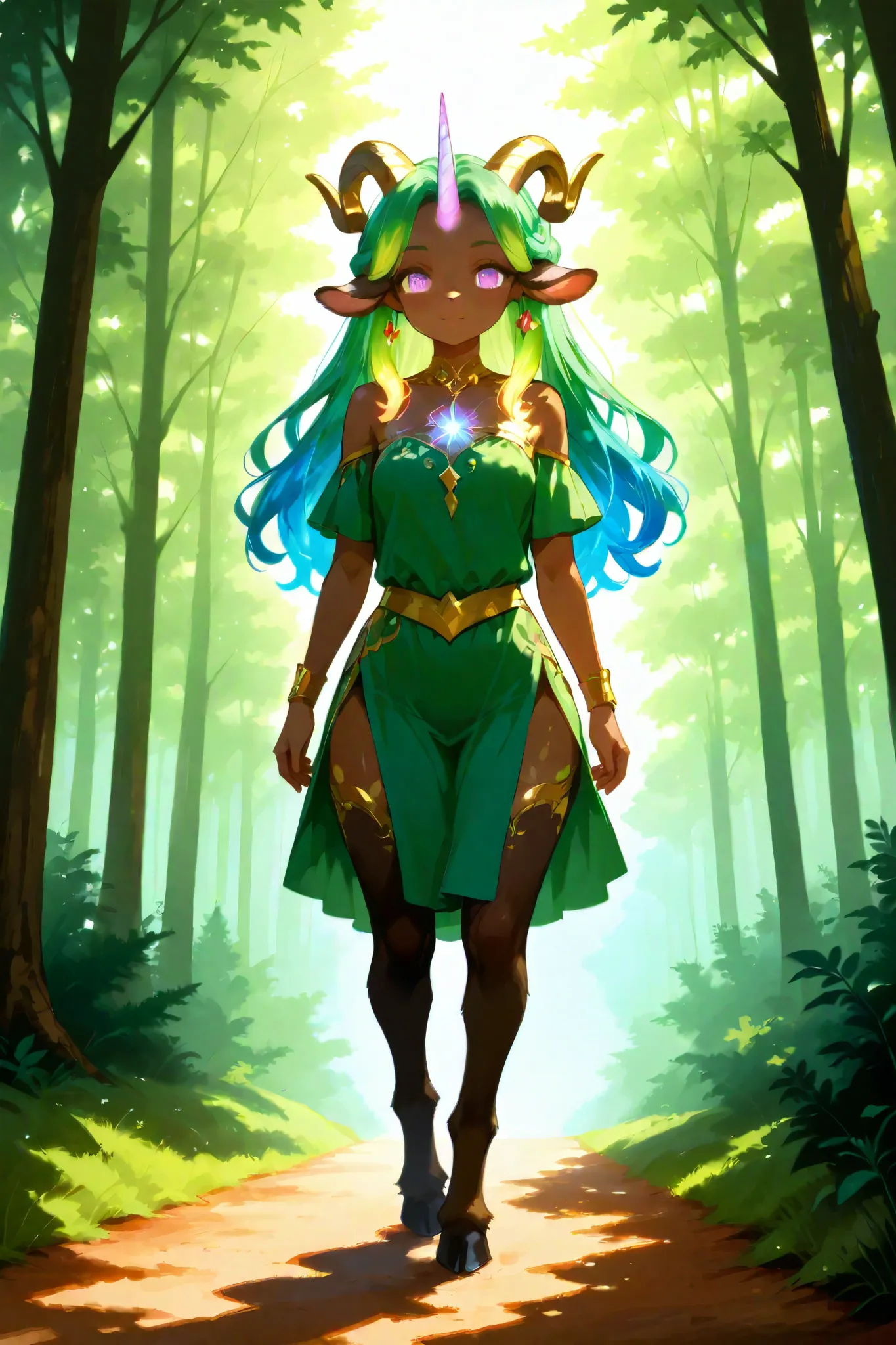 A whimsical satyr girl with only one unicorn horn, flowing rainbow hair, and brown furry goat legs (only two). She has a playful yet mysterious expression, her deep eyes glowing softly in the dappled forest light. Her toned, agile form is adorned with deli...