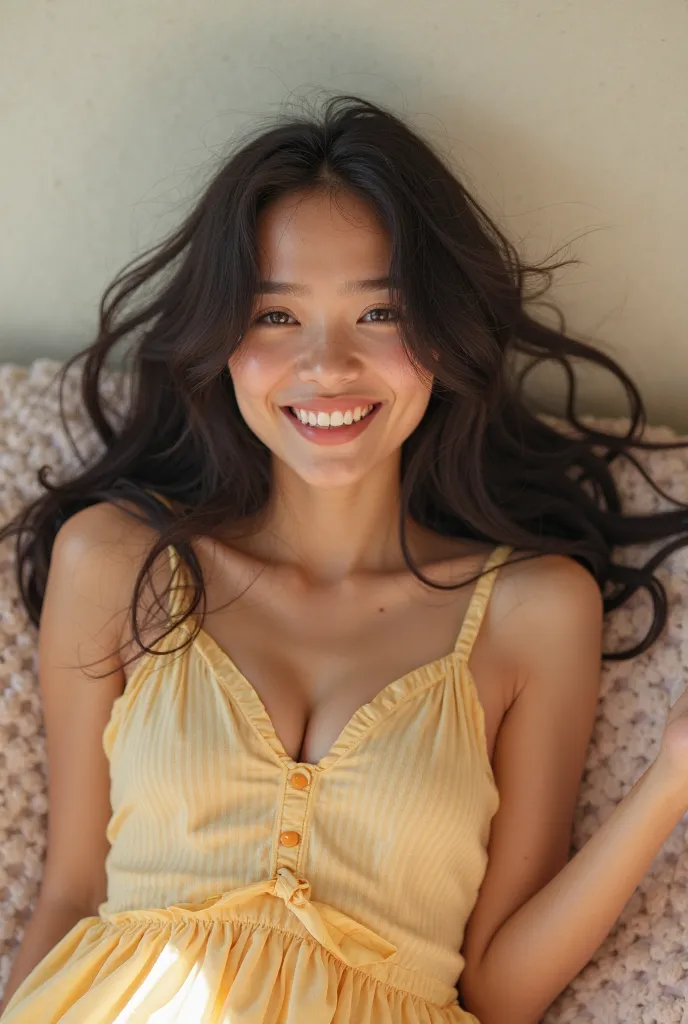 30-year-old woman, Jovial youth dress,  with black hair,  thin, place picture on the wall, is on his back