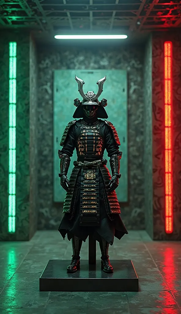 "A secret chamber inside a futuristic dojo, dimly lit with moody emerald green and red neon accents. In the center stands an exquisite black and silver cybernetic samurai armor, displayed on a sleek, minimalistic stand. The armor has a dark, battle-worn me...