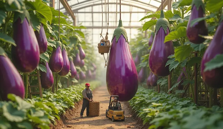 "Inside a lush greenhouse filled with towering eggplant plants, ((realistic human miniatures)) are picking eggplants as large as kayaks. Some workers climb wooden ladders to reach the highest fruits, carefully lowering them into suspended rope buckets. A t...