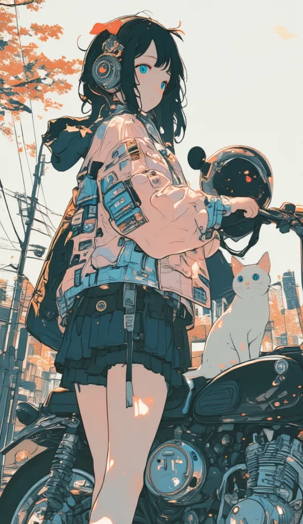 top quality,       masterpiece,   very accurate,   Hi-Res,    Beautiful 8K Computer Graphic Art,  Perfect Anatomy,  perfect configuration,     blue eyes，         black hair，       headphones  ，with a red ribbon on his head， Pleated Mini ￥skirt，pale pink an...