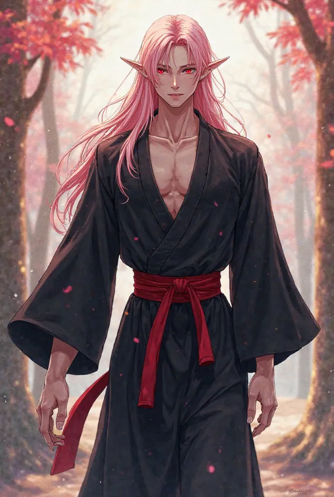 anime male, long light pink shiny hair, red eyes. white skin, long elf ears, , muscular, tall black gi, red belt, walking outside 