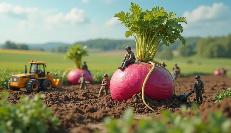 "In a rural countryside farm, ((realistic human miniatures)) are digging up enormous radishes that look like buried tree trunks. A team of workers operates a small excavator, carefully pulling out the radishes from deep within the soil. Others use handheld...