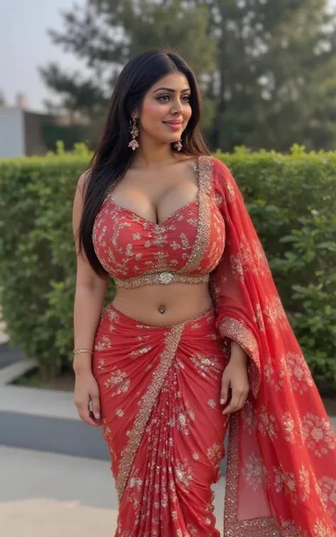 full body, saree, long legs, deep cleavage, body jewellery, belly chain, nose ring, earrings, oiled body, detailed face, elaborate jewelry, intricate saree details, 