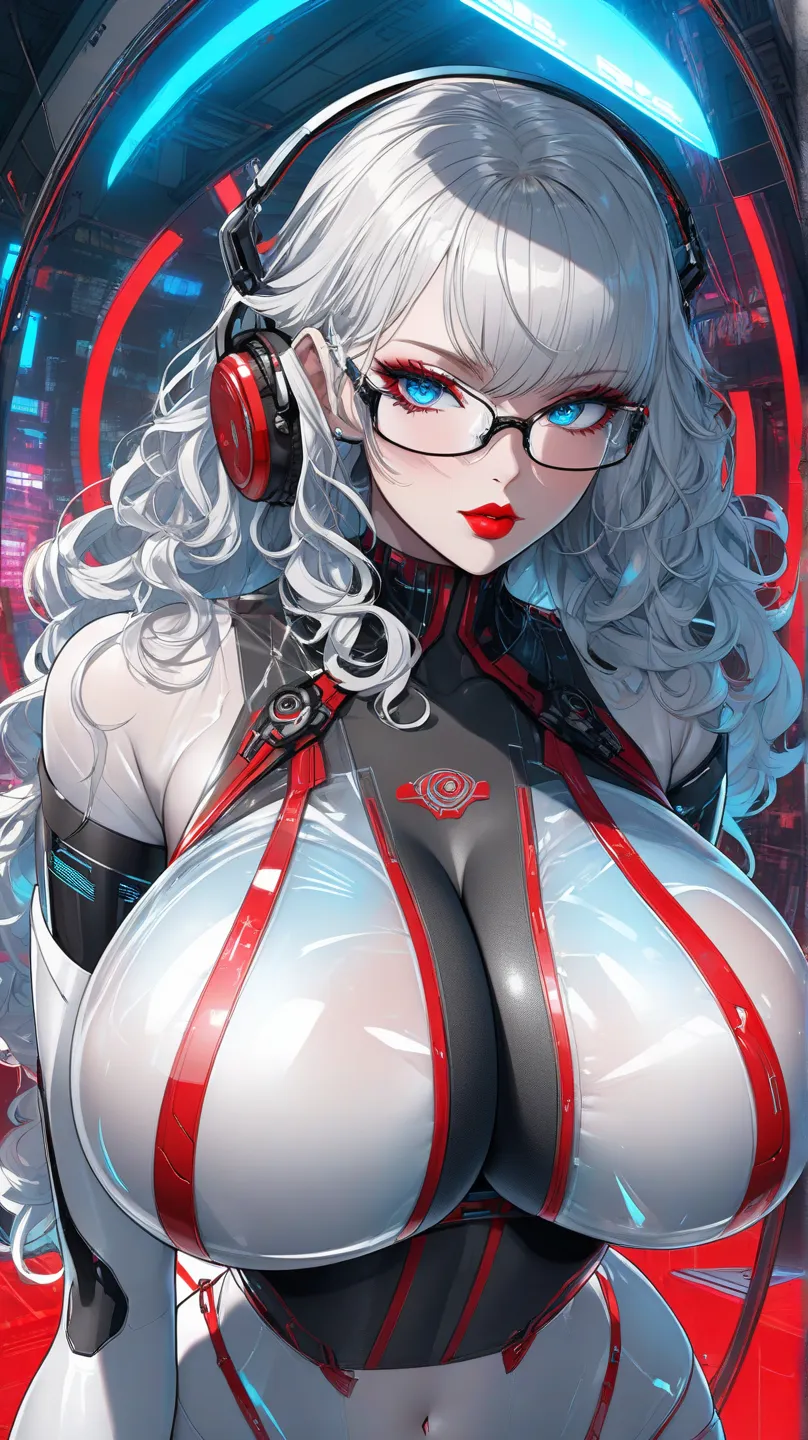 Sexy futuristic Android female character with headphones and glasses futuristic transparent color transparent, curly hair with long bangs color black, blue eyes red lips with white latex clothing and red details with breasts out in a cyberpunk world ( huge...