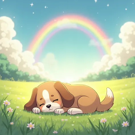 .Rainbow bridge,1dog ,.Rainbow,A dog resting peacefully in a field with a rainbow bridge. A gentle and fantastic world. Gentle sunlight.Rainbow bridge
,anime,cute anime,. The entrance to heaven.
