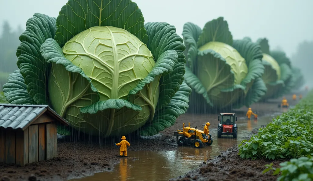 "A damp, rainy farm where ((realistic human miniatures)) are struggling to harvest massive cabbage heads, each one as large as a small car. Workers in raincoats use hand saws to cut the thick cabbage stems, while others operate a hoist to lift the heads on...