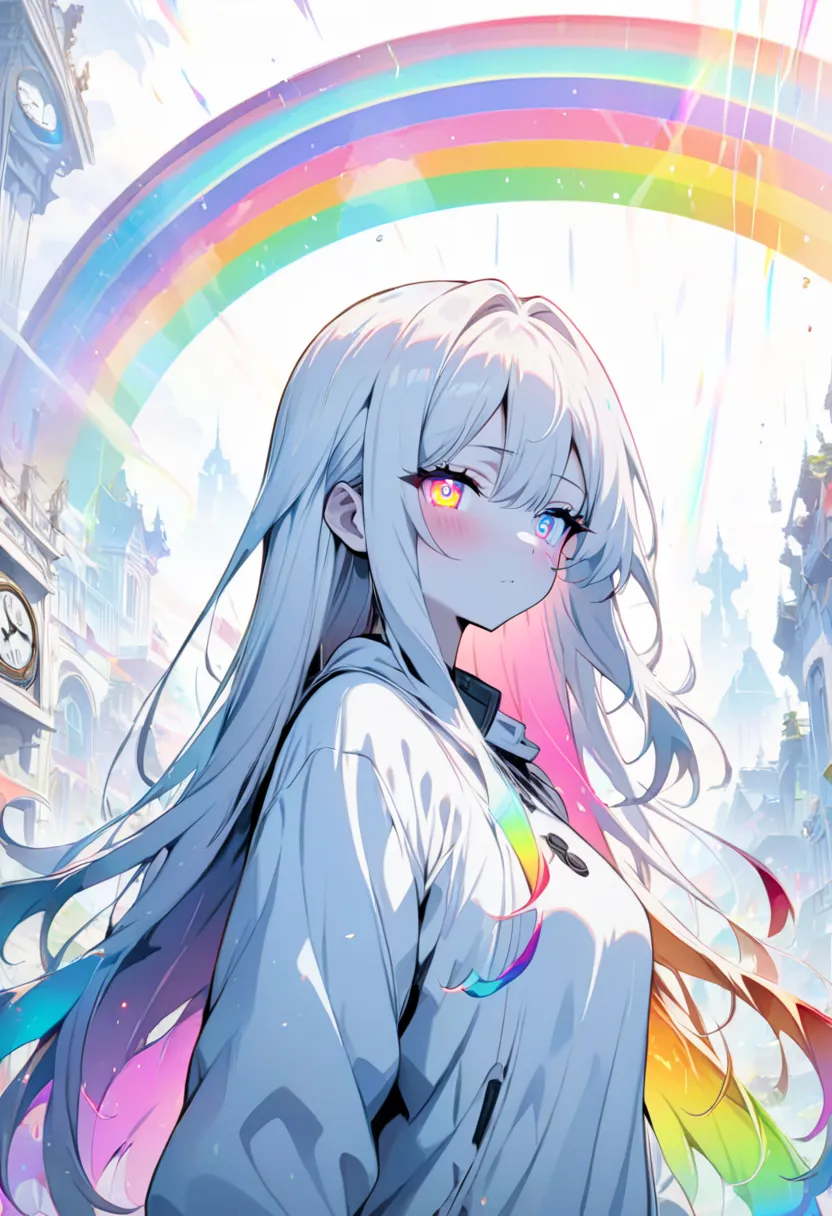 [(WHITE BACKGROUND:1.5)], ((masterpiece)), high quality, ((solo)), ((1 younger girl)), (white color long hair), (rainbow color eye), bright skin, white parka, upper body, ((anime style)), (clock rainbow effect:1.3),