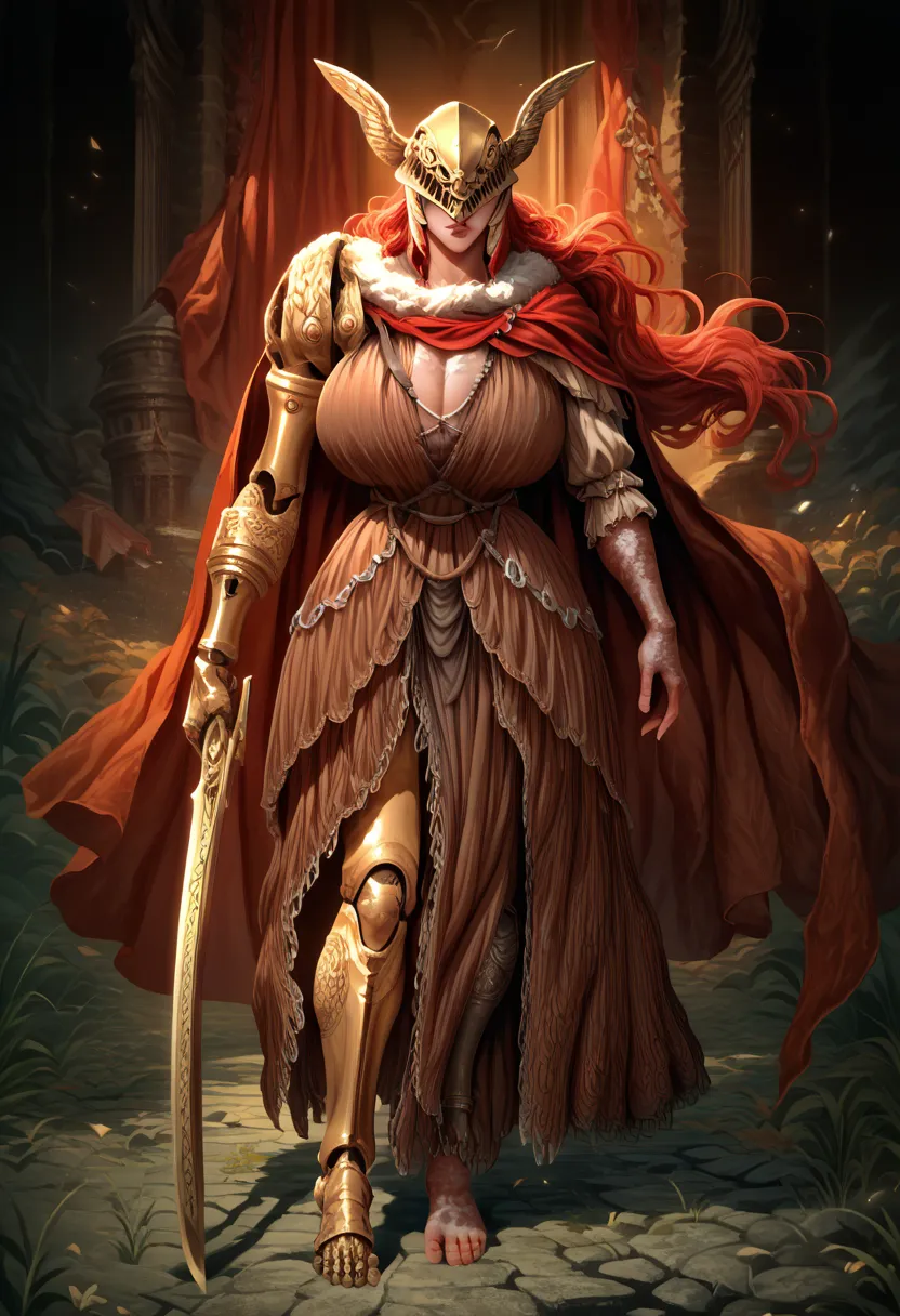 score_9, score_8_up, score_7_up, 1girl, detailed, MaleniaDef, red hair, covered eyes, helmet, fur trim, brown dress, red cape, armor, single scar on arm, single mechanical arm, mechanical leg, full body, holding sword, standing, front view, detailed feet a...