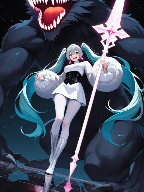 Big Monster,   Hatsune Miku,  1 female,  very detailed description  , twin tails from above,Long Gray Hair ,  princess cut ,white nun clothes, perfect female body , smile,  Beautiful medium sized breasts ,knitted corset   ,  super shiny fabric   ,gem, HD S...