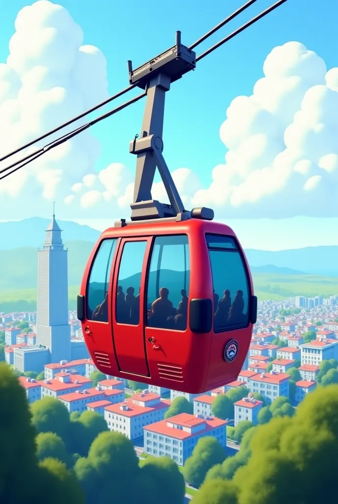 I want to create an image of a cable car in which university students with a capacity of 26 people travel that goes from the National Autonomous University of Nicaragua to the Casimiro Sotelo National University covering a stretch of 2,1 km I want the cabl...