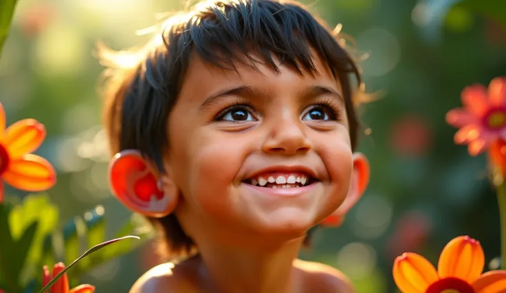 Generate a close-up of a 's face, filled with innocence and wonder, surrounded by vibrant tropical plants. The ’s expression reflects pure joy and acceptance, embodying the essence of divine love. Use macro photography to capture the intricate details of t...