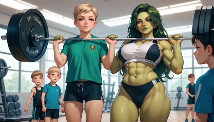 in a gym, shehulk, hot woman, she has a naughty face, she is standing, she is lifting two boys, shota, shotacon,