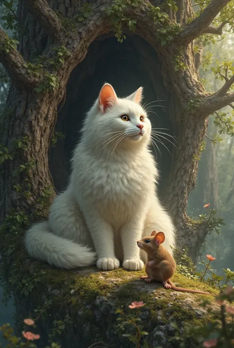 A beautiful brown and white mouse and massive white cat inside a cave together on top a very very massive tall tree saw people coming to cut the massive tall tree 